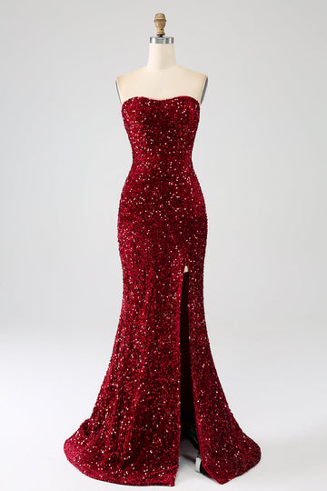 Rosso senza spalline paillettes lungo sirena abito da ballo con fessura